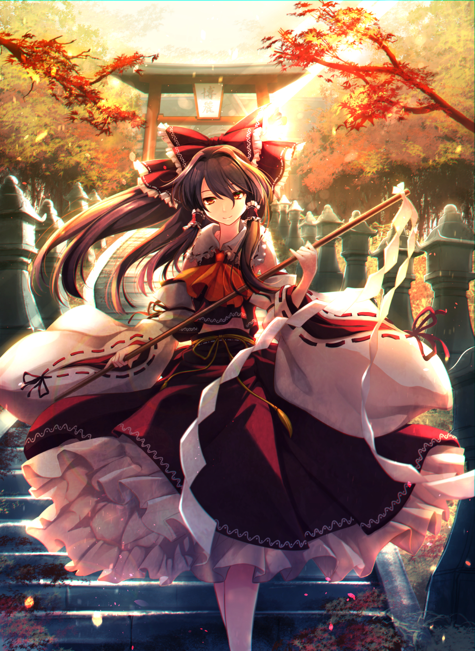 1girl ascot backlighting bangs bare_shoulders bow breasts brown_eyes brown_hair collared_shirt detached_sleeves floating_hair frilled_bow frilled_shirt_collar frilled_skirt frills gohei hair_between_eyes hair_bow hair_ornament hair_tubes hakurei_reimu half_updo highres holding long_hair looking_at_viewer medium_hair nontraditional_miko ouma_tokiichi outdoors petticoat red_bow red_shirt red_skirt ribbon-trimmed_sleeves ribbon_trim shirt sidelocks skirt skirt_set sleeveless sleeveless_shirt smile solo stairs standing sunset torii touhou wide_sleeves wind yellow_neckwear