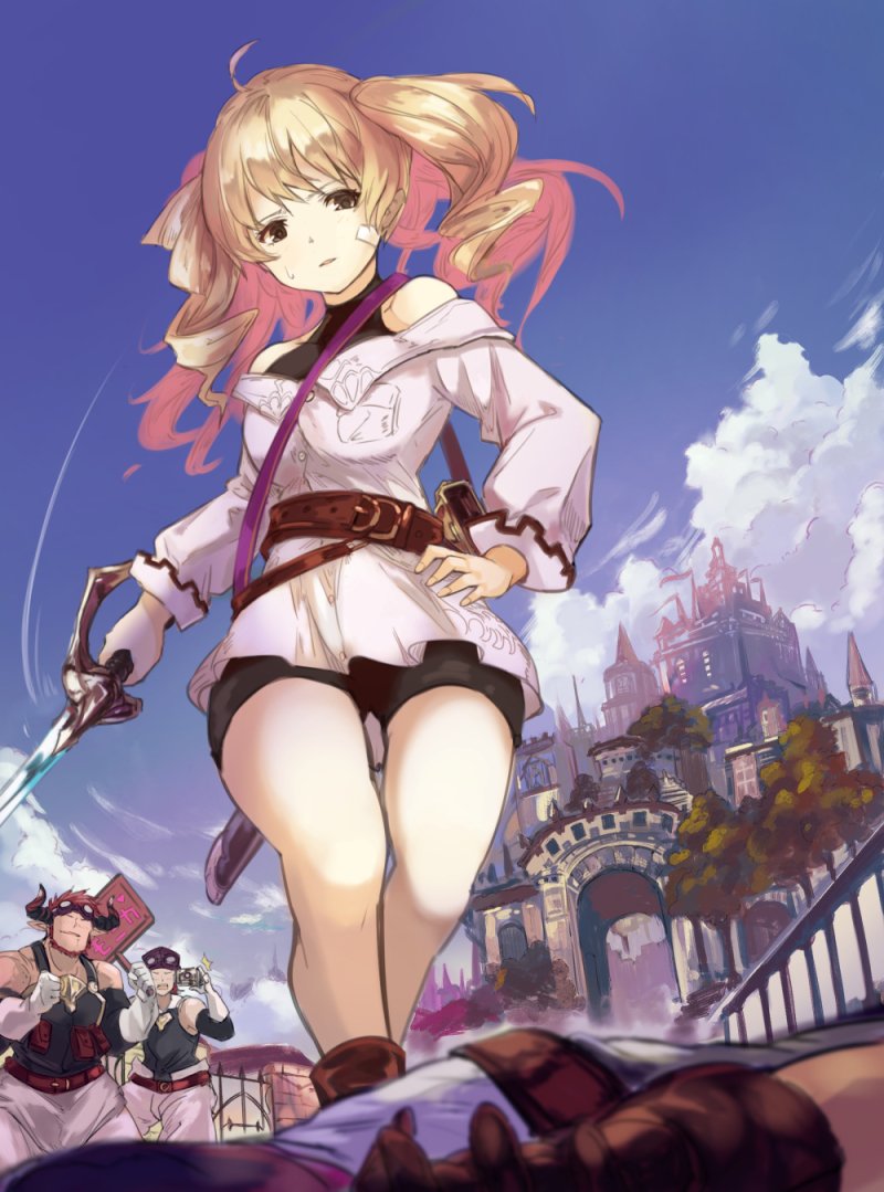 1girl 2boys bandage_on_face bare_shoulders belt bike_shorts black_shorts blonde_hair brown_eyes camera castle clouds drill_hair gloves goggles goggles_on_head granblue_fantasy horns leotard lying monica_weisswind multiple_boys nos on_stomach railing shirt shorts sky sweatdrop sword thigh_gap tree twin_drills weapon white_shirt