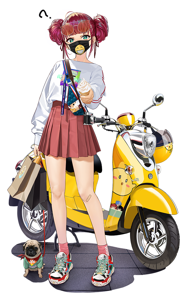 1girl ? alternate_costume animal azur_lane bag bandaid bandaid_on_knee bare_legs casual dog double_bun face_mask food full_body green_eyes ground_vehicle hair_bun high-waist_skirt holding holding_bag holding_food ice_cream leash long_sleeves looking_at_viewer manjuu_(azur_lane) mask miniskirt motor_vehicle motorcycle mr_cloud official_art open_mouth paper_bag pink_legwear pink_skirt pleated_skirt pug red_hair shirt shoes sidelocks skirt sneakers socks solo standing sunglasses surcouf_(azur_lane) surcouf_(shopping_time!)_(azur_lane) tachi-e tied_hair transparent_background white_shirt