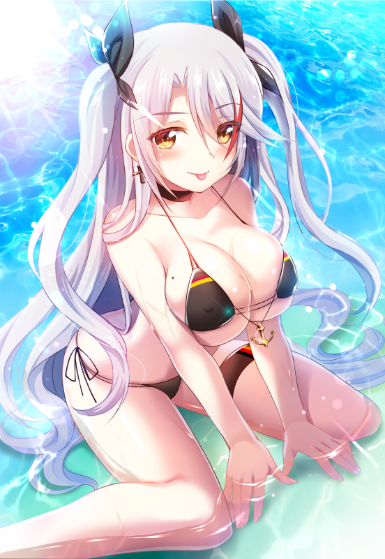 1girl :p anchor_symbol azur_lane bangs bikini black_bikini black_choker blush breasts brown_eyes choker cross cross_earrings day earrings eyebrows_visible_through_hair flag_print german_flag_bikini glint izumi_akane jewelry large_breasts long_hair looking_at_viewer multicolored_hair navel outdoors prinz_eugen_(azur_lane) prinz_eugen_(unfading_smile)_(azur_lane) ribbon side-tie_bikini silver_hair sitting solo streaked_hair swimsuit thigh_strap thighs tongue tongue_out two_side_up very_long_hair wariza wet