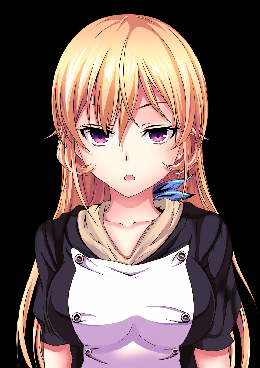 1girl aicox black_background blonde_hair blue_ribbon breasts collarbone commentary_request hair_between_eyes highres large_breasts long_hair looking_at_viewer nakiri_erina open_mouth ribbon shokugeki_no_souma solo violet_eyes
