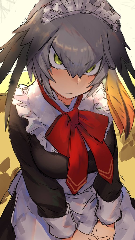 1girl alternate_costume apron bird_wings black_dress black_hair blonde_hair bow bowtie collar dress enmaided eyebrows_visible_through_hair frilled_collar frills from_above green_eyes grey_hair guchico hair_tie hands_on_lap head_wings kemono_friends kemono_friends_3 long_sleeves looking_at_viewer maid maid_apron maid_dress maid_headdress red_neckwear shoebill_(kemono_friends) short_hair solo wings