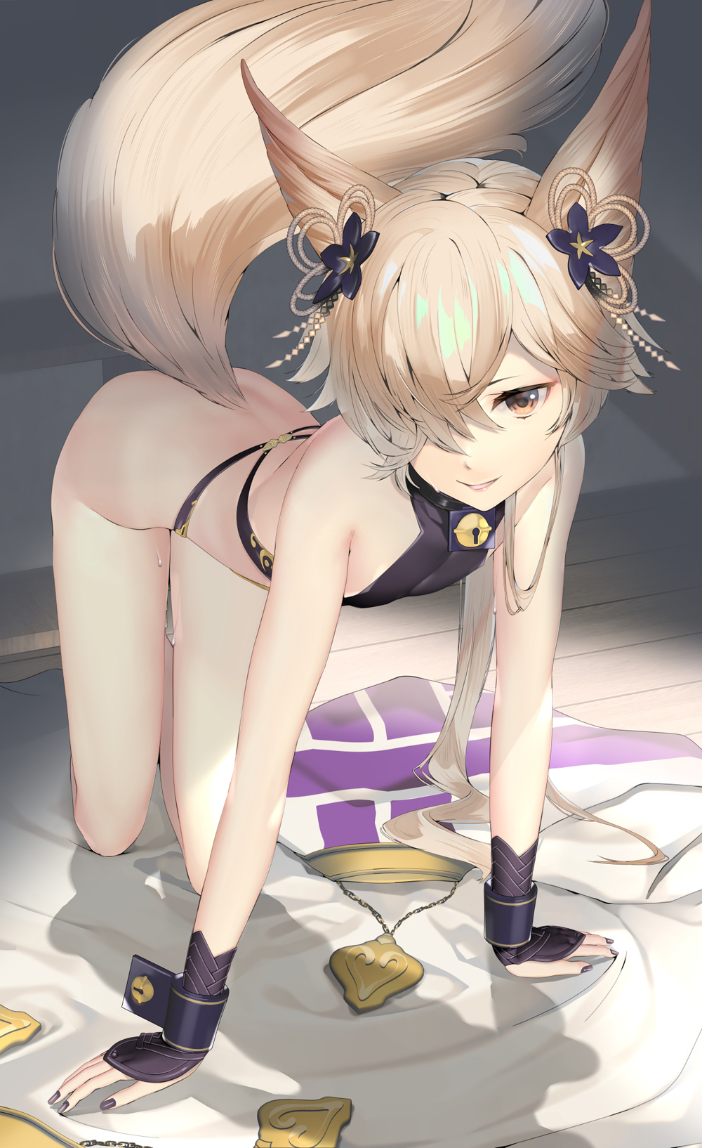 1boy all_fours animal_ears backless_outfit bangs bell blonde_hair bottomless bridal_gauntlets brown_eyes erune fox_boy fox_ears fox_tail granblue_fantasy hair_bell hair_ornament hair_over_one_eye highres kou_(granblue_fantasy) large_tail looking_at_viewer male_focus naruse_hirofumi short_hair smile solo tail thighs