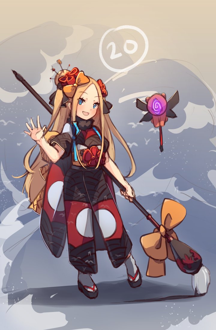 1girl :d abigail_williams_(fate/grand_order) bangs black_footwear black_kimono black_ribbon blonde_hair blue_eyes blush bow calligraphy_brush commentary cosplay english_commentary eyebrows_visible_through_hair fate/grand_order fate_(series) forehead full_body glowing grey_legwear hair_bow hair_bun hair_ornament hair_ribbon hand_up holding holding_paintbrush japanese_clothes katsushika_hokusai_(fate/grand_order) katsushika_hokusai_(fate/grand_order)_(cosplay) kimono long_hair looking_at_viewer miya_(pixiv15283026) obi one_side_up open_mouth orange_bow oversized_object paintbrush parted_bangs ribbon sash short_sleeves smile socks solo very_long_hair zouri