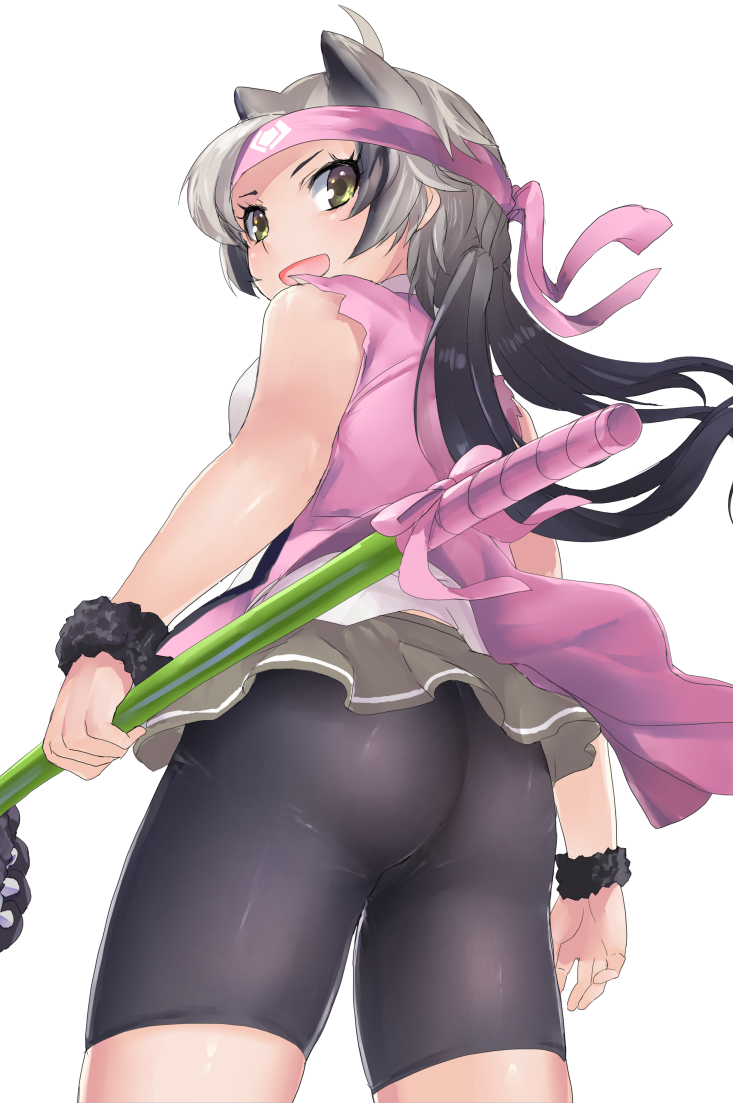 1girl :d animal_ears arms_at_sides ass bare_arms bare_shoulders bear_ears bike_shorts black_hair coat cowboy_shot extra_ears ezo_brown_bear_(kemono_friends) floating_hair from_behind grey_hair headband holding holding_weapon kemono_friends long_hair looking_at_viewer looking_back microskirt multicolored_hair open_mouth scrunchie sidelocks simple_background skirt sleeveless sleeveless_coat smile solo sword tadano_magu torn_clothes torn_sleeves weapon white_background wind wrist_scrunchie yellow_eyes