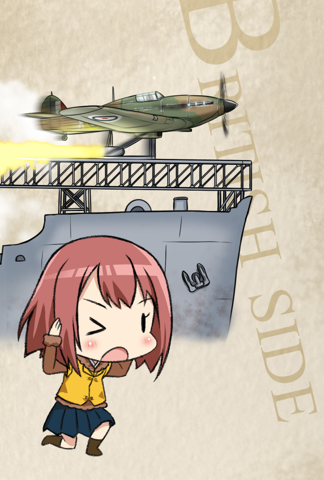 1girl aircraft aircraft_catapult airplane blue_skirt bob_cut brown_jacket commentary_request fairy_(kantai_collection) hands_on_head jacket kantai_collection life_vest long_sleeves one_eye_closed pleated_skirt propeller redhead roundel short_hair skirt solid_oval_eyes solo tsukemon