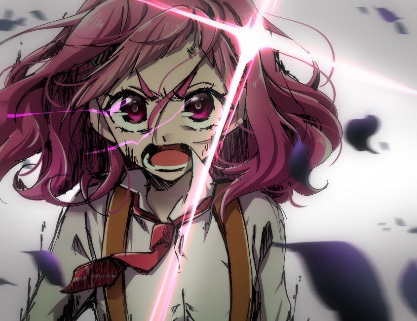 1girl :d angry bangs blunt_bangs collared_shirt commentary_request dirty_face floating_hair floating_necktie hair_between_eyes hugtto!_precure l'avenir_academy_uniform lens_flare long_sleeves loose_clothes loose_necktie loose_shirt lower_teeth necktie nono_hana noyuki1204 open_mouth pink_eyes pink_hair portrait precure serious shirt smile solo suspenders v-shaped_eyebrows white_shirt