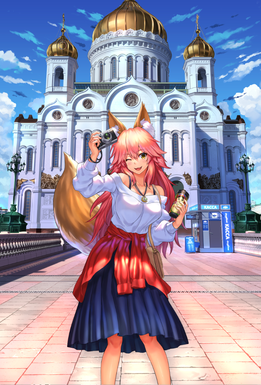 1girl ;3 ;d animal_ear_fluff animal_ears arm_up bangs bare_shoulders blue_skirt blue_sky breasts brown_eyes building camera clothes_around_waist clouds commentary_request day eyebrows_visible_through_hair fang fate/extra fate_(series) fox_ears fox_girl fox_tail hair_between_eyes highres holding holding_camera lamppost long_hair medium_breasts npcpepper off-shoulder_shirt off_shoulder one_eye_closed open_mouth outdoors pink_hair pleated_skirt shirt skirt sky smile solo standing tail tamamo_(fate)_(all) tamamo_no_mae_(fate) very_long_hair white_shirt