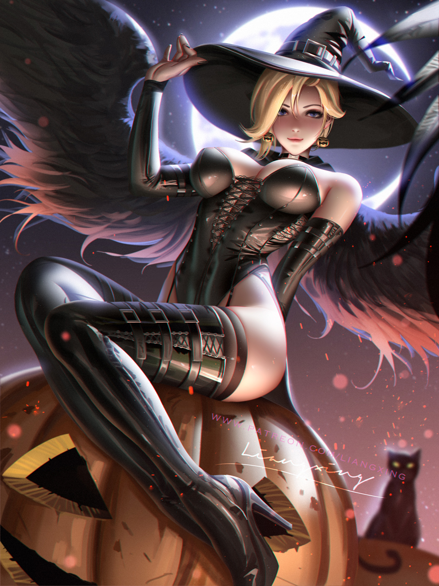 1girl alternate_costume black_footwear black_gloves black_legwear black_leotard black_wings blonde_hair blue_eyes blurry blurry_background boots breasts bridal_gauntlets cat crescent_moon earrings elbow_gloves food_themed_earrings gloves halloween_costume hat high_heel_boots high_heels highres jack-o'-lantern jack-o'-lantern_earrings jewelry leotard liang_xing lips looking_at_viewer medium_breasts mercy_(overwatch) moon overwatch pumpkin_earrings signature sitting smile smilenight solo spread_wings strapless strapless_leotard thigh-highs thigh_boots thighhighs_under_boots wings witch witch_hat witch_mercy