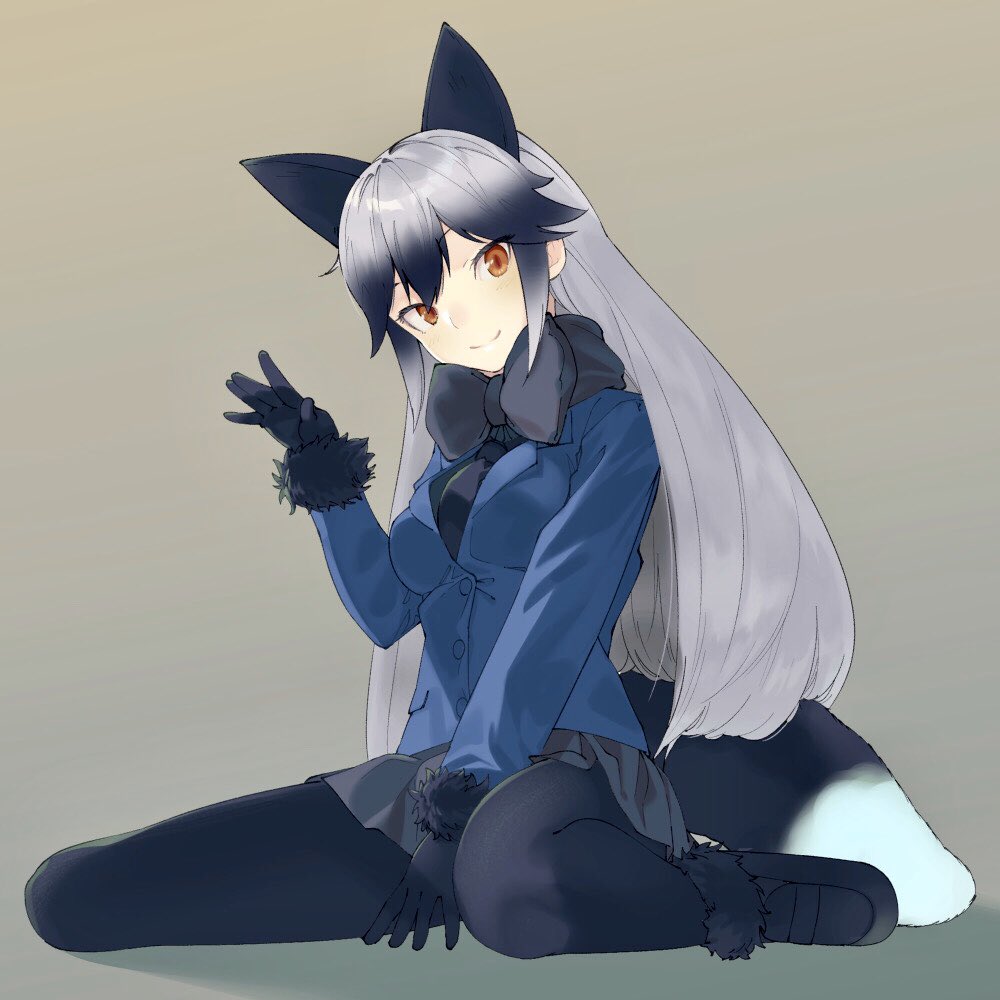 1girl animal_ears black_gloves black_hair black_legwear black_neckwear blue_jacket blush bow bowtie commentary_request extra_ears eyebrows_visible_through_hair fox_ears fox_girl fox_tail full_body fur_trim gloves grey_hair grey_skirt hair_between_eyes jacket kashii_takamasa kemono_friends long_hair long_sleeves mary_janes necktie orange_eyes pantyhose pleated_skirt shoes sidelocks silver_fox_(kemono_friends) silver_hair sitting skirt smile solo tail wariza waving