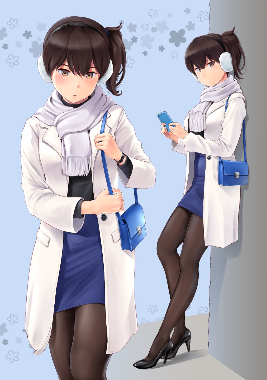 1girl against_wall alternate_costume bag bangs black_footwear black_legwear black_shirt black_sweater blue_background blue_skirt blush breasts brown_eyes brown_hair brown_legwear buttons cellphone coat contemporary earmuffs fringe_trim full_body handbag high_heels highres holding holding_phone holding_strap kaga_(kantai_collection) kantai_collection large_breasts legs long_sleeves looking_at_viewer multiple_views open_clothes open_coat open_mouth pantyhose parted_lips pencil_skirt phone pumps scarf shirt shoes shoulder_bag side_ponytail skirt smartphone sweater wa_(genryusui) white_coat white_scarf wristband