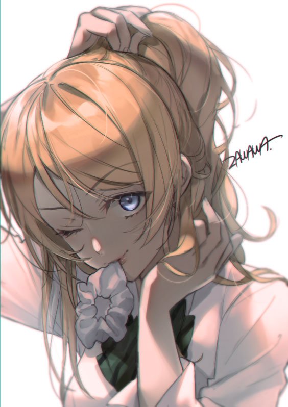 1girl artist_name ayase_eli bangs blonde_hair blue_eyes eyebrows_visible_through_hair hair_tie_in_mouth long_hair long_sleeves looking_at_viewer love_live! love_live!_school_idol_project mouth_hold one_eye_closed scrunchie tying_hair upper_body white_scrunchie zawawa_(satoukibi1108)