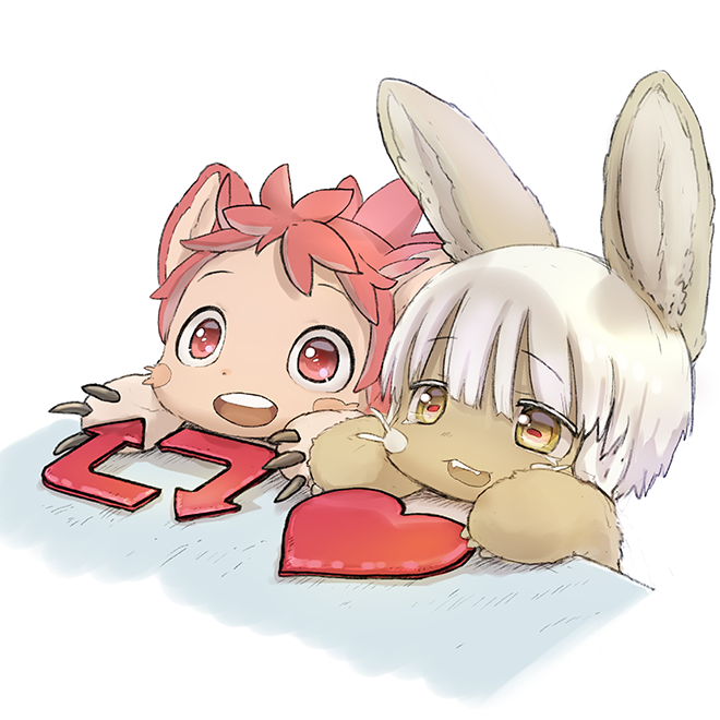 animal_ears bangs blush_stickers bongo_cat furry horizontal_pupils made_in_abyss meme mitty_(made_in_abyss) mitty_(made_in_abyss)_(furry) nanachi_(made_in_abyss) official_art open_mouth red_eyes redhead simple_background smile teeth tsukushi_akihito twitter whiskers white_background white_hair yellow_eyes