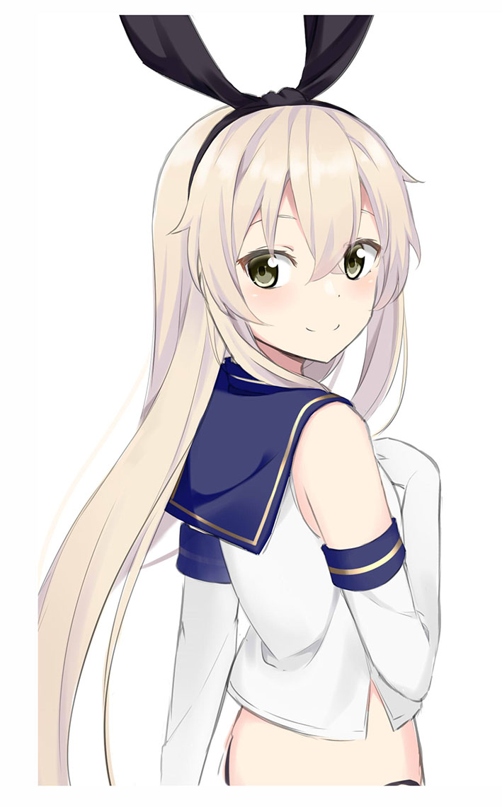 1girl bangs bare_shoulders black_ribbon blue_sailor_collar brown_eyes closed_mouth commentary_request crop_top elbow_gloves eyebrows_visible_through_hair gloves hair_between_eyes hair_ribbon kantai_collection kohakope light_brown_hair long_hair looking_at_viewer looking_to_the_side ribbon sailor_collar shimakaze_(kantai_collection) shirt simple_background sleeveless sleeveless_shirt smile solo upper_body very_long_hair white_background white_gloves white_shirt