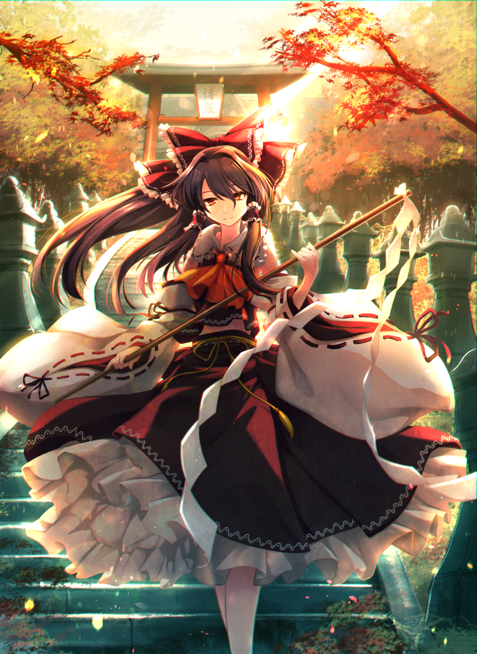 1girl ascot backlighting bangs bare_shoulders bow breasts brown_eyes brown_hair collared_shirt detached_sleeves floating_hair frilled_bow frilled_shirt_collar frilled_skirt frills gohei hair_between_eyes hair_bow hair_ornament hair_tubes hakurei_reimu half_updo highres holding long_hair looking_at_viewer medium_hair nontraditional_miko ouma_tokiichi outdoors petticoat red_bow red_shirt red_skirt ribbon-trimmed_sleeves ribbon_trim shirt sidelocks skirt skirt_set sleeveless sleeveless_shirt smile solo stairs standing sunset torii touhou wide_sleeves wind yellow_neckwear