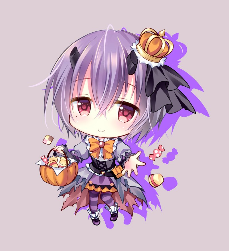 1girl bangs basket black_ribbon bow broken_horn brown_background candy_wrapper checkerboard_cookie chibi closed_mouth colored_shadow commentary_request cookie crown dress drop_shadow eyebrows_visible_through_hair food full_body grey_dress hair_between_eyes hair_ribbon halloween_basket holding holding_basket horns kamiki_shinobu long_sleeves mini_crown orange_bow pantyhose princess_connect! princess_connect!_re:dive puffy_short_sleeves puffy_sleeves purple_footwear purple_hair purple_legwear purple_skirt ribbon shadow shirogane_hina short_over_long_sleeves short_sleeves skirt smile solo striped striped_legwear tilted_headwear torn_clothes torn_dress wide_sleeves