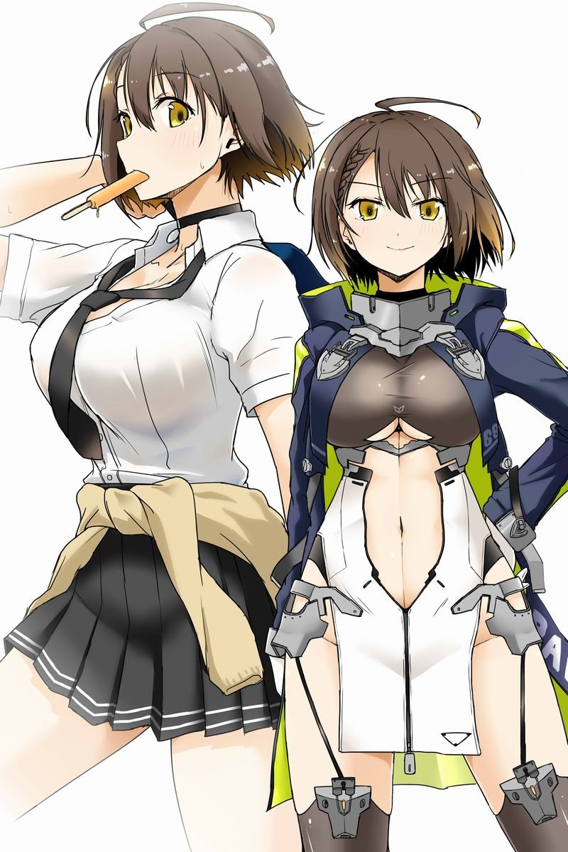 1girl ahoge arm_behind_head arm_up azur_lane baltimore_(azur_lane) black_choker black_legwear black_skirt blue_jacket braid breasts brown_eyes brown_hair brown_sweater character_request choker closed_mouth clothes_around_waist commentary_request copyright_request double_horizontal_stripe dress_shirt eyebrows_visible_through_hair food food_in_mouth garter_straps hand_on_hip highres jacket large_breasts light_blush looking_at_viewer miniskirt mouth_hold multiple_views nana_(manaita_koumuten) nave navel_cutout partially_unbuttoned pelvic_curtain pleated_skirt popsicle school_uniform shirt short_hair short_sleeves shrug_(clothing) simple_background skirt smile standing sweatdrop sweater sweater_around_waist thigh-highs white_background white_shirt zipper