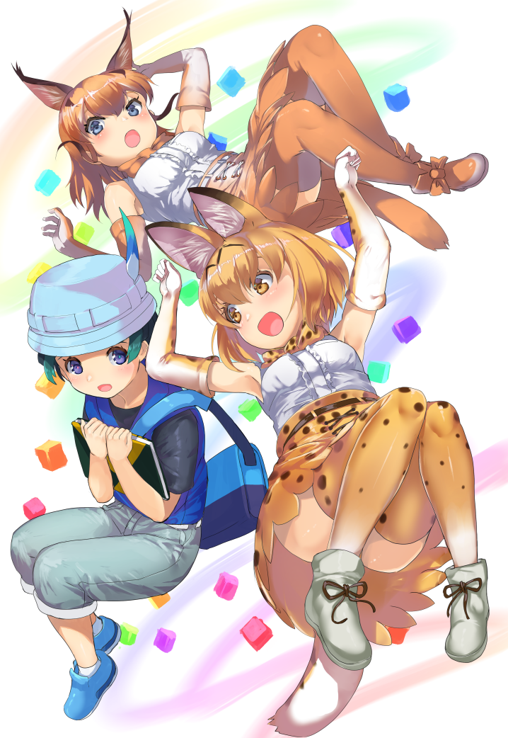 1boy 2girls :o animal_ears bag belt blonde_hair blue_eyes blue_vest bow bowtie caracal_(kemono_friends) caracal_ears caracal_tail cross-laced_clothes elbow_gloves extra_ears gloves green_hair hat_feather high-waist_skirt holding kemono_friends kyururu_(kemono_friends) long_hair looking_at_another multicolored multicolored_clothes multicolored_gloves multiple_girls open_mouth print_gloves print_legwear print_neckwear print_skirt serval_(kemono_friends) serval_ears serval_print serval_tail shirt short_hair short_sleeves shoulder_bag sketchbook skirt sleeveless sleeveless_shirt tadano_magu tail thigh-highs vest vest_over_shirt white_gloves yellow_eyes yellow_legwear yellow_neckwear yellow_skirt