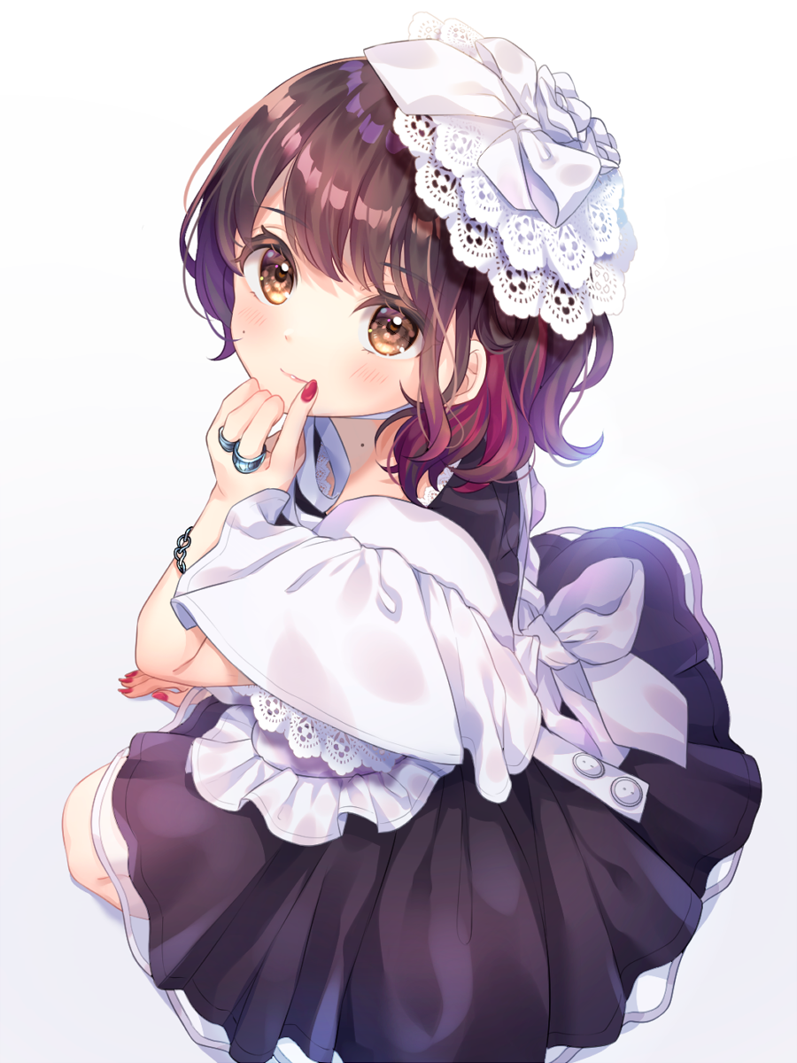 1girl apron bangs black_dress blush bow brown_eyes brown_hair closed_mouth commentary_request dress eyebrows_visible_through_hair fingernails flower frilled_apron frills full_body gradient gradient_background grey_background hand_up highres jewelry komachi_pochi looking_at_viewer looking_to_the_side maid mole mole_on_neck multicolored_hair nail_polish original pleated_dress red_nails redhead ring rose seiza sitting solo streaked_hair white_apron white_background white_bow white_flower white_rose