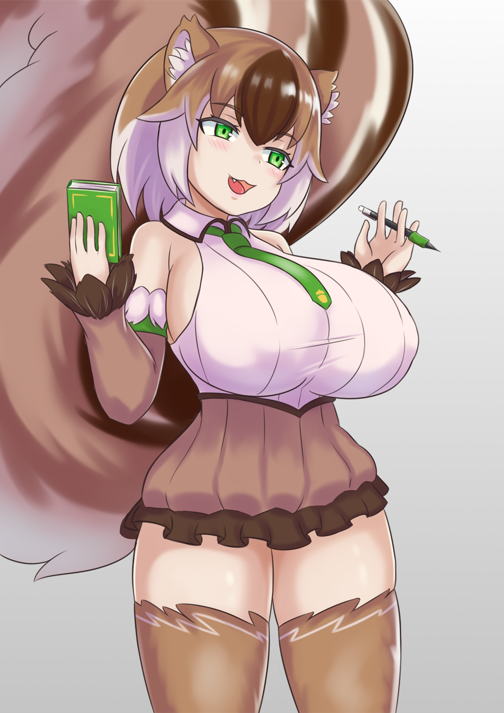 1girl :3 :d animal_ear_fluff animal_ears bangs bare_shoulders book breasts brown_hair commentary cowboy_shot eyebrows_visible_through_hair fang green_eyes green_neckwear grey_background highres holding holding_book holding_pencil huge_breasts large_tail looking_away mechanical_pencil monster_girl_encyclopedia multicolored_hair nav necktie open_mouth pencil ratatoskr_(monster_girl_encyclopedia) shirt short_hair simple_background sleeveless sleeveless_shirt smile solo squirrel_ears squirrel_tail tail white_hair wing_collar