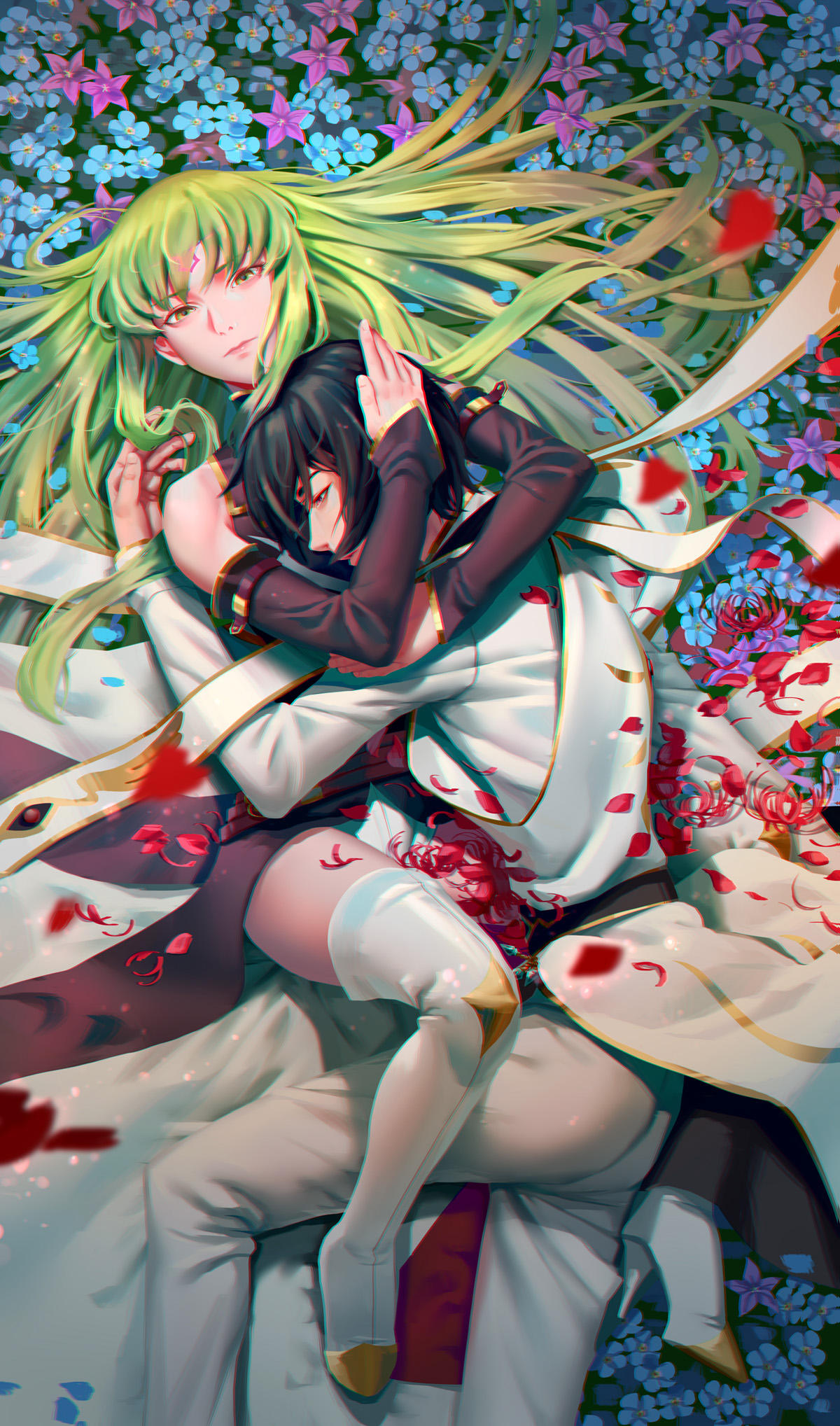 1boy 1girl bare_shoulders black_hair blue_flower boots c.c. closed_mouth code_geass couple detached_sleeves field flower flower_field full_body green_hair highres holding hug lelouch_lamperouge long_hair long_sleeves looking_at_viewer lying lying_on_person on_back on_ground outdoors pants petals purple_flower red_flower short_hair spider_lily thigh-highs thigh_boots white_footwear white_pants whoareuu yellow_eyes
