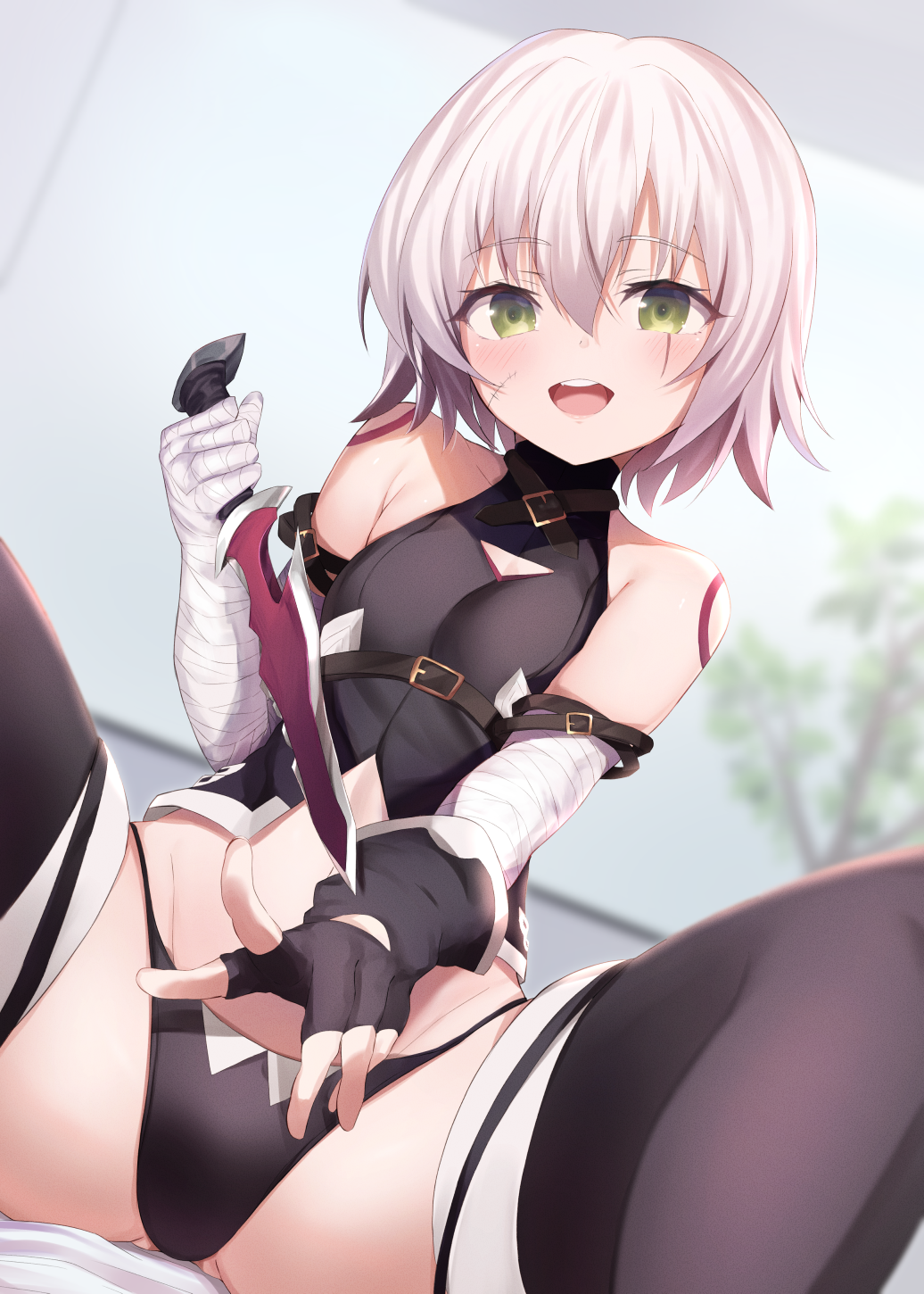 1girl arm_belt bandaged_arm bandages bare_shoulders black_gloves black_panties black_vest blush breasts facial_scar fate/apocrypha fate_(series) fingerless_gloves gloves green_eyes hair_between_eyes highres holding holding_knife jack_the_ripper_(fate/apocrypha) knife looking_at_viewer maosame navel open_mouth panties scar scar_across_eye scar_on_cheek short_hair shoulder_tattoo single_glove sitting small_breasts smile solo tattoo thighs underwear vest white_hair