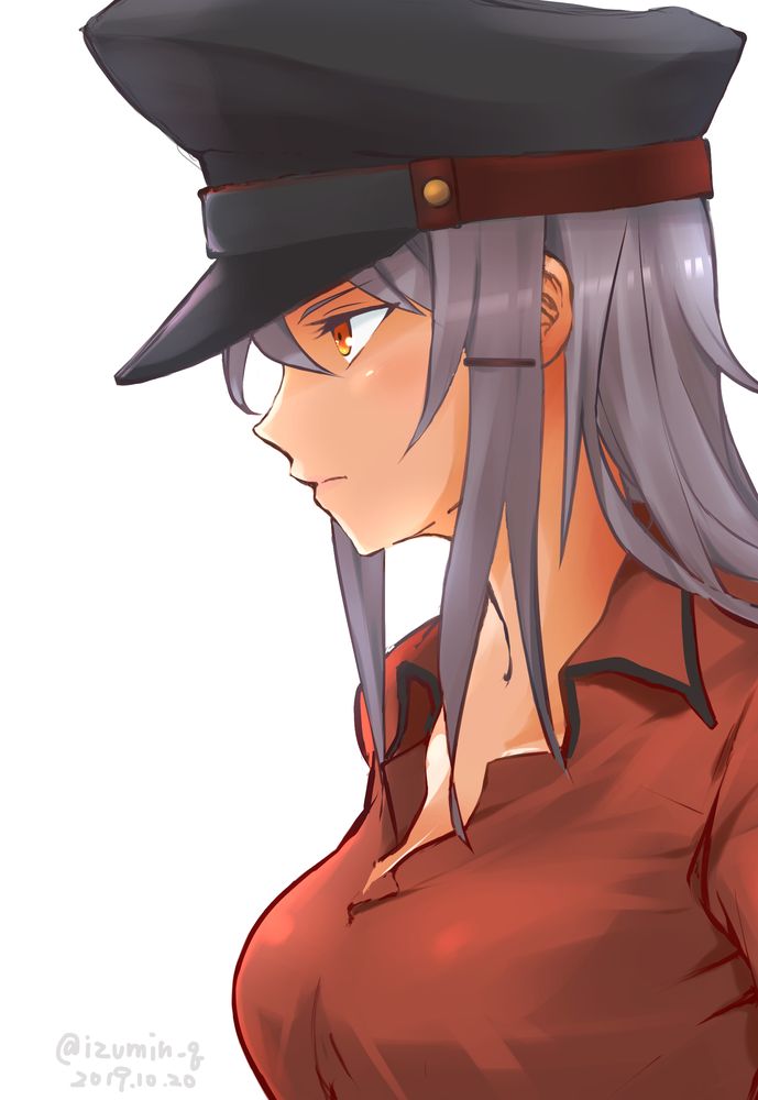 1girl breasts closed_mouth dated eyebrows_visible_through_hair gangut_(kantai_collection) grey_hair hat izumikuma kantai_collection large_breasts long_hair military military_hat orange_eyes peaked_cap red_shirt shirt simple_background twitter_username white_background