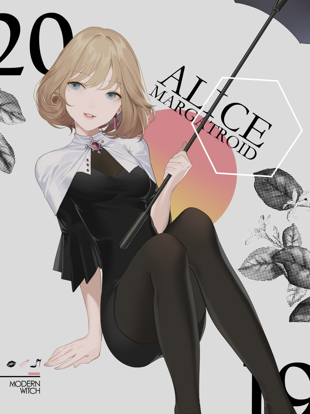 1girl alice_margatroid alternate_costume arm_support bangs black_dress black_legwear black_umbrella blonde_hair blue_eyes breasts brooch capelet character_name commentary dress earrings eyebrows_visible_through_hair feet_out_of_frame grey_background grin head_tilt highres hillly_(maiwetea) holding holding_umbrella jewelry knees_up long_sleeves looking_at_viewer medium_breasts mole mole_under_eye pantyhose parted_lips red_lips short_hair simple_background sitting smile solo touhou umbrella white_capelet