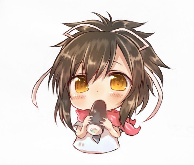 1girl artist_request asuka_(senran_kagura) blush brown_eyes brown_hair chibi eating food ponytail scarf senran_kagura sushi