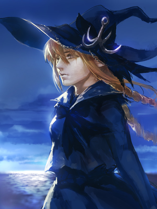 1girl anchor blue_dress blue_headwear blue_sky braid brown_hair chain closed_mouth collar collared_dress dress hangleing hat long_hair long_sleeves looking_to_the_side ocean oounabara_to_wadanohara outdoors sky solo standing twin_braids wadanohara