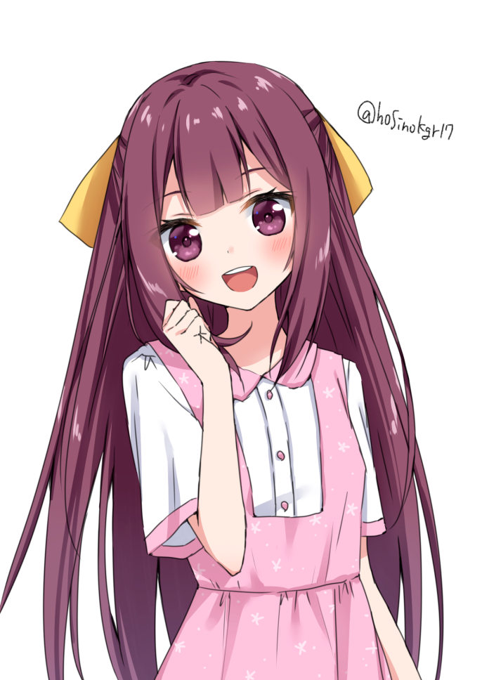 1girl :d alternate_costume bangs blush bow collared_shirt cowboy_shot dress dress_shirt eyebrows_visible_through_hair hair_bow hand_up hoshino_kagari kamikaze_(kantai_collection) kantai_collection long_hair looking_at_viewer open_mouth pink_dress purple_hair round_teeth shirt short_sleeves simple_background sleeveless sleeveless_dress smile solo standing teeth twitter_username upper_body upper_teeth very_long_hair violet_eyes white_background white_shirt yellow_bow