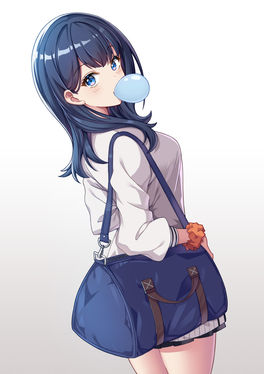 1girl 94_(644534209) bag black_skirt blue_eyes blue_hair breasts bubble_blowing cowboy_shot duffel_bag gradient gradient_background grey_shirt highres long_hair long_sleeves looking_at_viewer looking_back medium_breasts miniskirt orange_scrunchie scrunchie shirt skirt solo ssss.gridman takarada_rikka white_background wrist_scrunchie