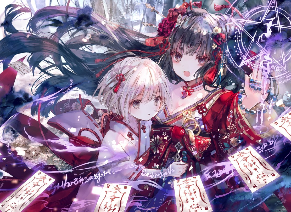 2girls album_cover bangs beads black_hair blush brown_eyes collarbone commentary_request cover eyebrows_visible_through_hair flower hair_flower hair_ornament hakama japanese_clothes kimono long_hair long_sleeves looking_at_viewer magic_circle multiple_girls ofuda onineko open_mouth original parted_lips pentagram purple_kimono red_flower red_hakama ribbon-trimmed_sleeves ribbon_trim short_hair tree v-shaped_eyebrows very_long_hair white_flower white_hair white_kimono wide_sleeves