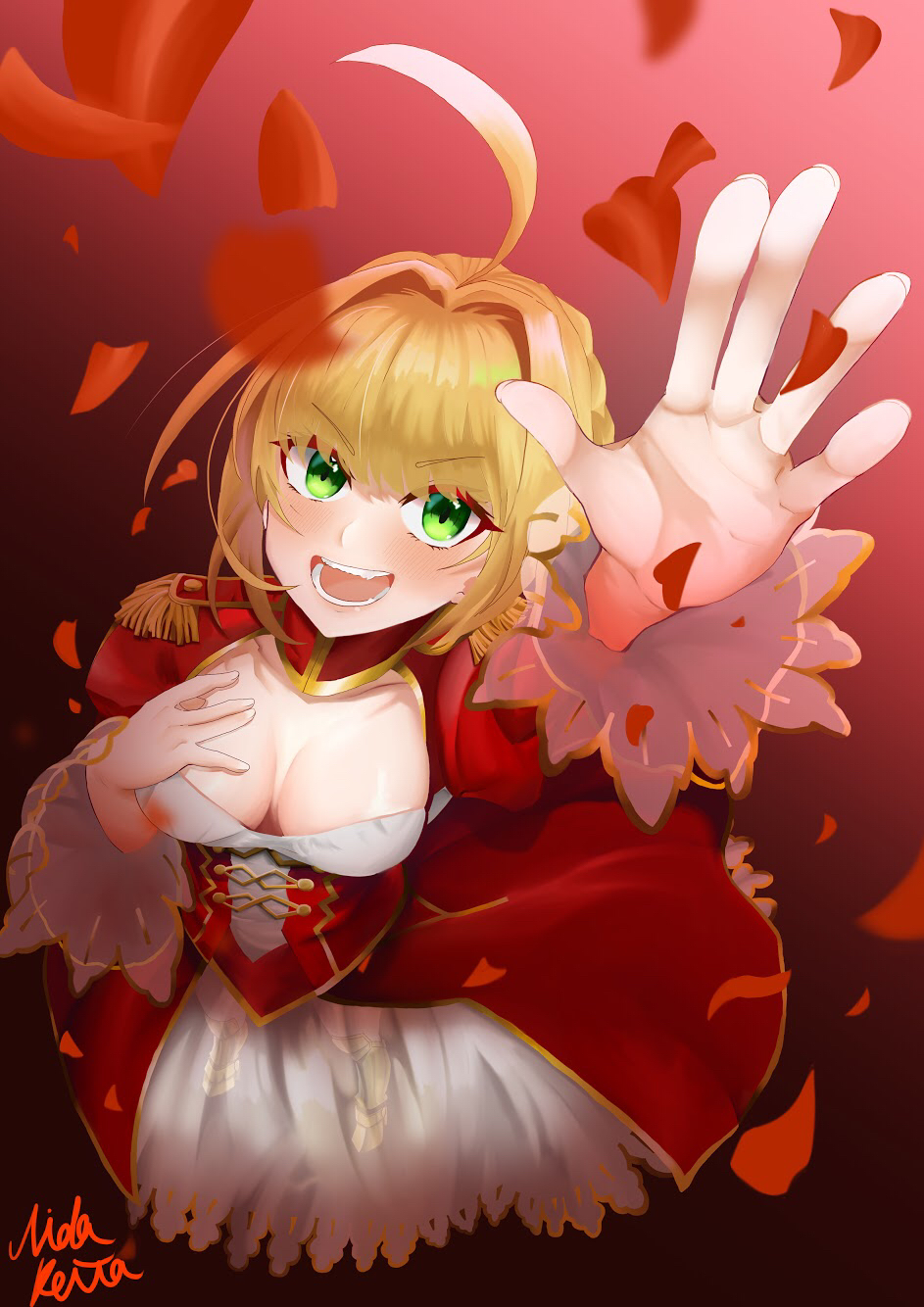 1girl ahoge artist_name blonde_hair blush braid breasts downblouse epaulettes eyebrows_visible_through_hair fate/extra fate_(series) french_braid green_eyes hair_between_eyes hair_intakes hand_on_own_chest highres medium_breasts nero_claudius_(fate) nero_claudius_(fate)_(all) nida_keita open_mouth petals rose_petals signature smile solo teeth