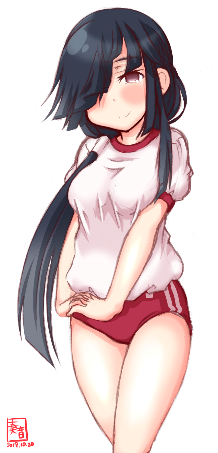 1girl alternate_costume black_hair blush hair_over_one_eye hair_ribbon hayashimo_(kantai_collection) highres kanon_(kurogane_knights) kantai_collection long_hair looking_at_viewer red_eyes ribbon short_shorts shorts simple_background smile solo sportswear very_long_hair white_background