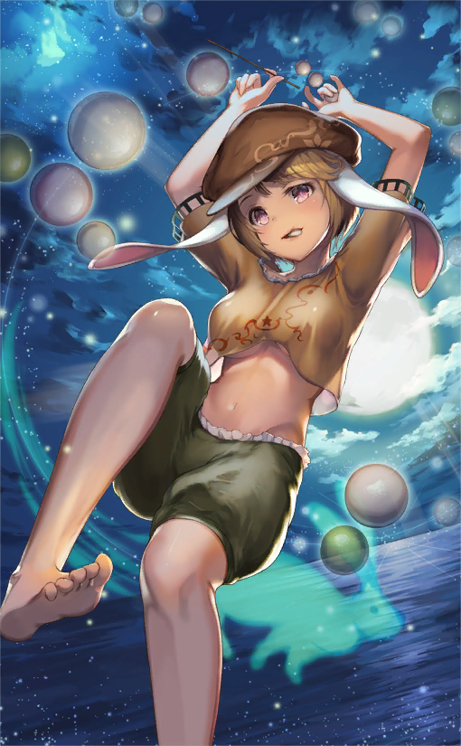1girl animal_ears arms_up artist_request baggy_shorts bangs barefoot blonde_hair blush breasts brown_headwear clouds crop_top dango eyebrows_visible_through_hair feet_out_of_frame flat_cap food food_in_mouth frills green_shorts groin hat head_tilt knee_up looking_at_viewer medium_breasts midriff moon mouth_hold navel night night_sky outdoors rabbit_ears ringo_(touhou) shirt short_hair short_sleeves shorts sky solo spirit stomach touhou touhou_cannonball violet_eyes wagashi water yellow_shirt