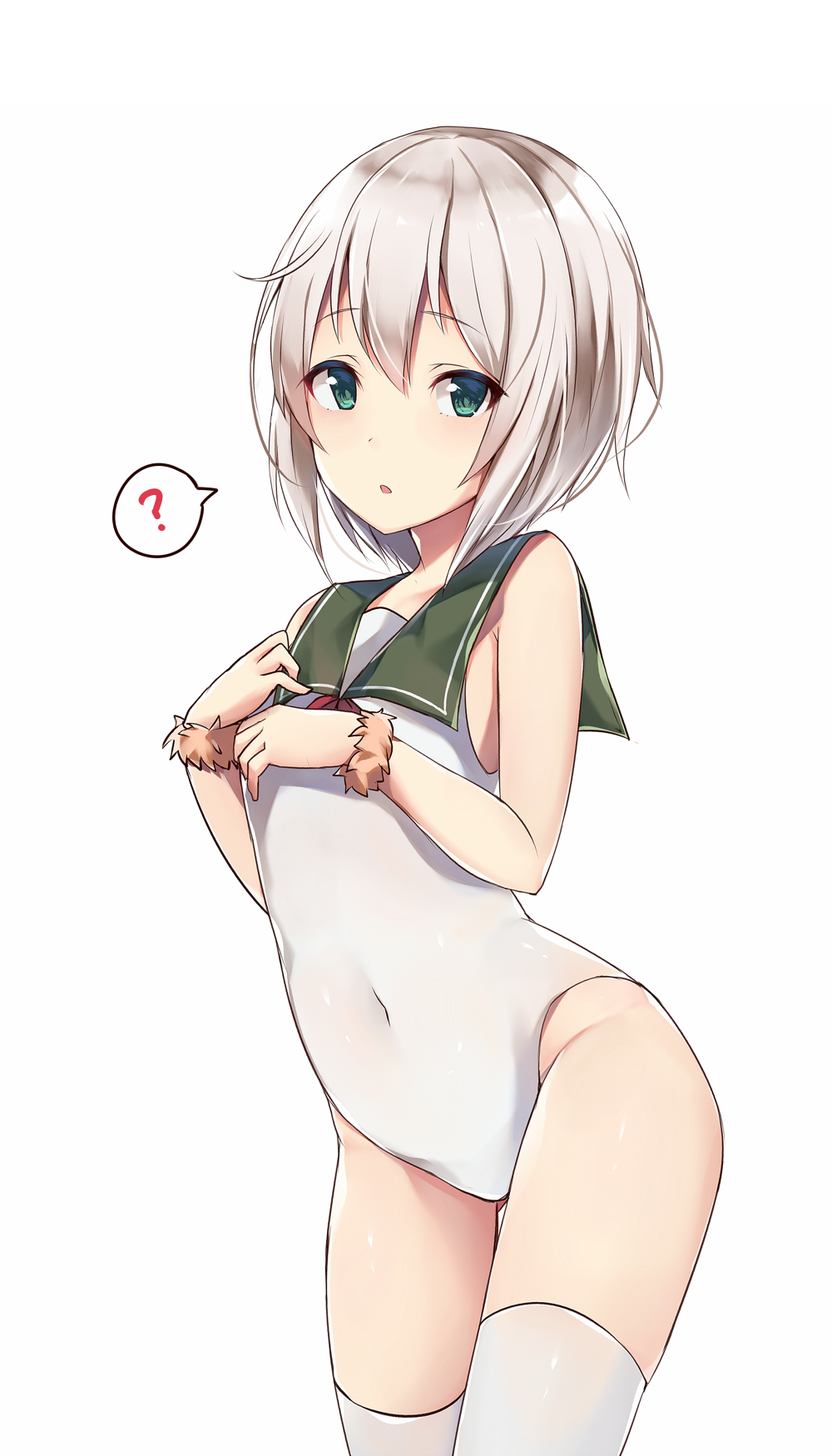 1girl ? adapted_costume ass_visible_through_thighs breasts commentary_request covered_navel cowboy_shot eyebrows_visible_through_hair green_eyes green_sailor_collar groin highres kantai_collection leotard looking_at_viewer open_mouth sailor_collar scrunchie shimushu_(kantai_collection) short_hair silver_hair simple_background small_breasts solo spoken_question_mark thigh-highs white_background white_legwear white_leotard wrist_scrunchie zhi_zhi/zu_zu