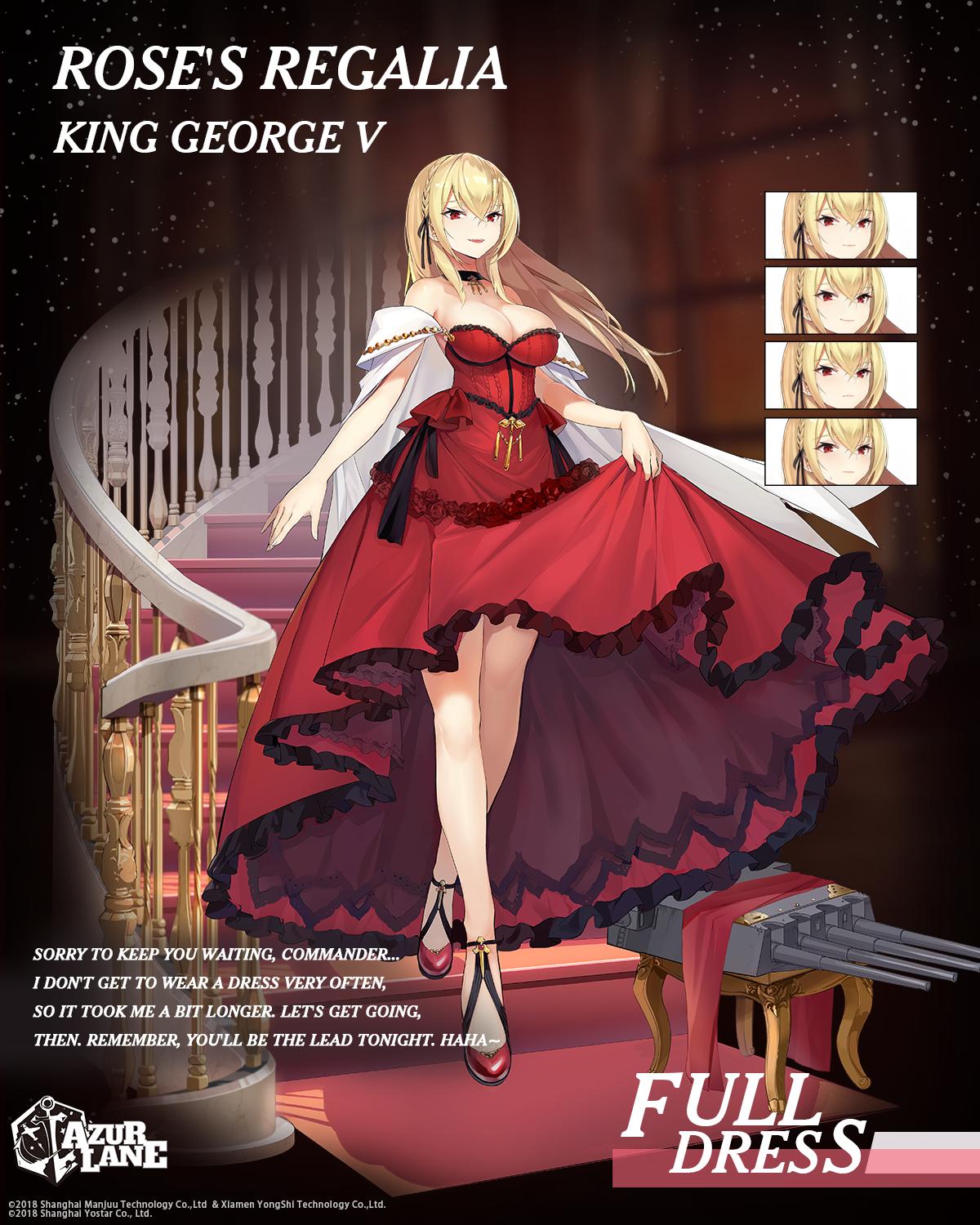 1girl :d alternative_costume azur_lane bangs blonde blush braid breasts cannon character_name choker clavicle cleavage crossed_legs dress english_ english_text enka_(bcat) expression_chart expressionless female floating_hair french_braid gold hair_ornament hair_ribbon high_resolution king_george_v_(azur_lane) king_george_v_(rose's_regalia)_(azur_lane) large_breasts logo looking_at_viewer official_art open_mouth red_dress red_eyes ribbon sidelocks skirt_hold smile stairs strapless strapless_dress text tied_hair watson_cross