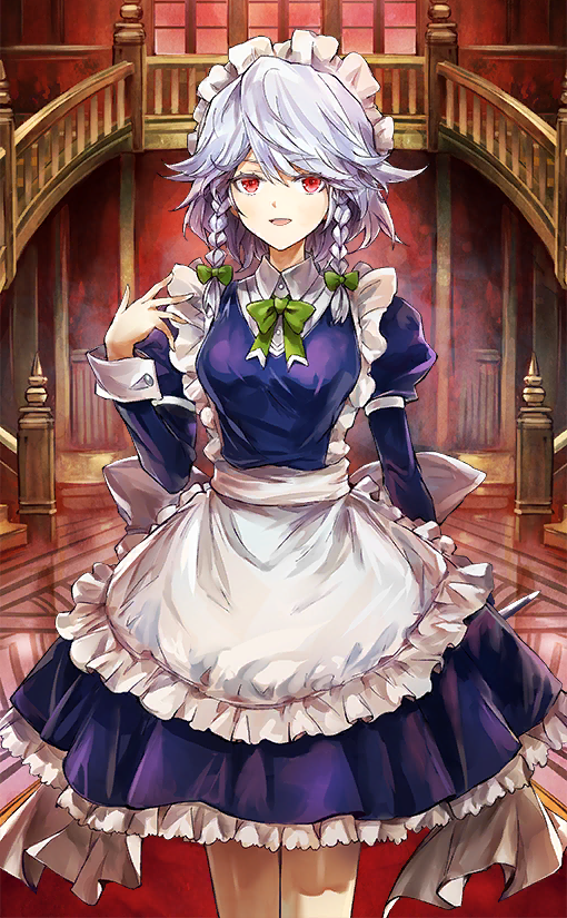 1girl :d apron artist_request bangs blue_dress bow bowtie braid breasts cowboy_shot dress eyebrows_visible_through_hair frilled_apron frills green_bow green_neckwear hair_between_eyes hair_bow hand_up indoors izayoi_sakuya juliet_sleeves long_sleeves looking_at_viewer maid maid_apron maid_headdress medium_breasts open_mouth petticoat puffy_sleeves railing red_eyes short_hair silver_hair smile solo stairs standing touhou touhou_cannonball twin_braids waist_apron white_apron