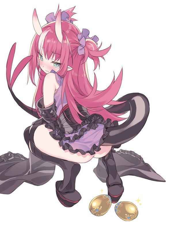 1girl ass black_footwear black_legwear black_sleeves blade_(galaxist) blush closed_mouth commentary detached_sleeves dragon_tail egg elizabeth_bathory_(fate) elizabeth_bathory_(fate)_(all) fate/extra fate/extra_ccc fate_(series) frilled_kimono frills from_behind full_body golden_egg green_eyes hair_ribbon horns japanese_clothes kimono long_hair long_sleeves looking_at_viewer looking_back multicolored_hair nose_blush obi pink_hair platform_footwear purple_kimono purple_ribbon ribbon sash simple_background sleeves_past_fingers sleeves_past_wrists soles solo squatting streaked_hair symbol_commentary tail thigh-highs two_side_up very_long_hair wavy_mouth white_background white_hair