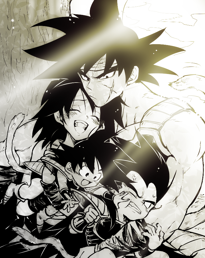 1girl 3boys :/ :d ^_^ anger_vein annoyed armor backlighting bandana bardock black_hair boots brothers clenched_teeth closed_eyes couple dragon_ball dragon_ball_minus facial_scar family father_and_son frown gine happy hetero koku_na looking_at_another looking_down monkey_tail monochrome mother_and_son multiple_boys open_mouth outstretched_arms playing raditz scar scar_on_cheek siblings smile son_gokuu tail teeth tongue upper_teeth younger
