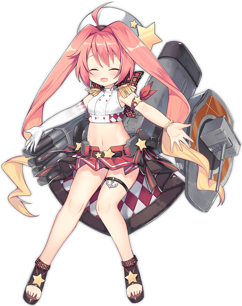 1girl ahoge arm_ribbon azur_lane bare_legs belt beret black_footwear black_ribbon blonde_hair closed_eyes crop_top echo_(azur_lane) elbow_gloves epaulettes full_body gloves gradient_hair hat long_hair looking_at_viewer midriff miniskirt multicolored_hair navel official_art open_mouth open_toe_shoes outstretched_arms pink_hair red_eyes red_ribbon red_skirt ribbon shirt single_glove skirt sleeveless sleeveless_shirt smile smokestack solo star star_bracelet stomach thigh_strap torpedo torpedo_launcher transparent_background turret twintails utm very_long_hair white_headwear white_shirt