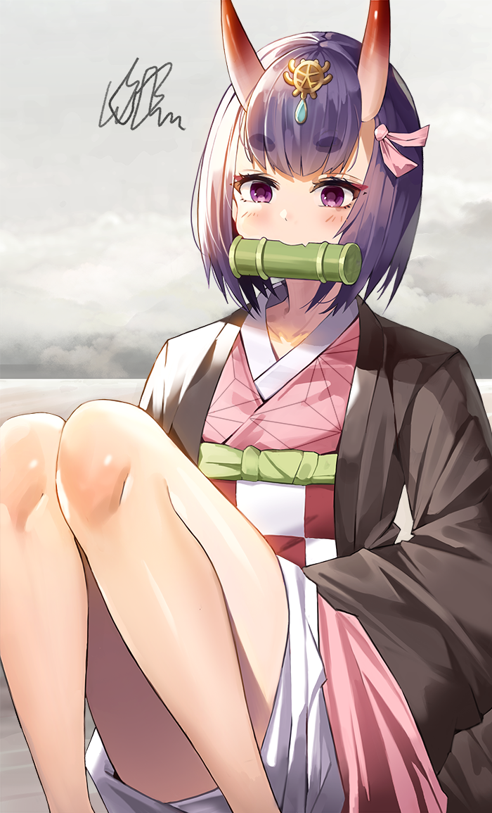 1girl bamboo bit_gag blush checkered commentary_request cosplay eto_(nistavilo2) fate/grand_order fate_(series) feet_out_of_frame gag hair_ribbon headpiece horns japanese_clothes kamado_nezuko kamado_nezuko_(cosplay) kimetsu_no_yaiba kimono knees_up mouth_hold obi oni oni_horns open_clothes pink_kimono pink_ribbon purple_hair ribbon sash short_eyebrows short_hair shuten_douji_(fate/grand_order) sitting solo squiggle thick_eyebrows violet_eyes