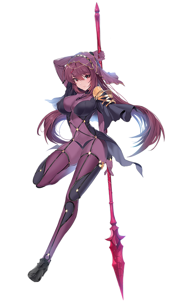 1girl bangs blush bodysuit breasts capelet circlet covered_navel damda fate/grand_order fate_(series) full_body gae_bolg hair_intakes large_breasts legs long_hair looking_at_viewer pauldrons polearm purple_bodysuit purple_hair red_eyes scathach_(fate)_(all) scathach_(fate/grand_order) simple_background smile solo spear veil weapon white_background