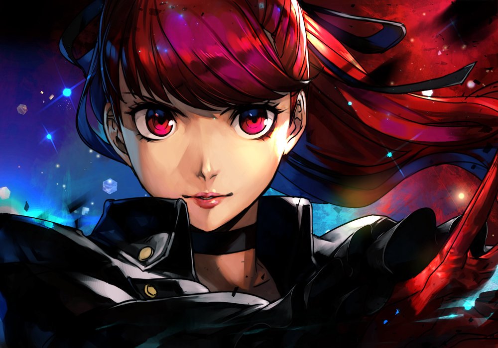 1girl atlus black_jacket choker close-up frilled_sleeves frills gloves hair_ribbon hankuri jacket lips looking_at_viewer megami_tensei persona persona_5 persona_5_the_royal ponytail popped_collar red_eyes red_gloves redhead ribbon solo yoshizawa_kasumi