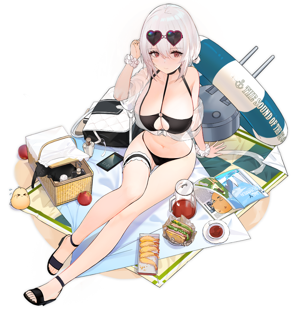1girl animal anthropomorphization apple arm_support azur_lane bare_legs bare_shoulders beach_mat bikini bird black_background black_bikini black_cat black_footwear black_swimsuit breasts cat cellphone chick choker clavicle cleavage closed_mouth dark_background eyewear_on_head female flying_sweatdrops food frilled_cuffs fruit full_body hair_between_eyes hairband hand_up heart heart-shaped_eyewear heart-shaped_glasses innertube kin_(pixiv3054186) kinven large_breasts legs magazine manjuu_(azur_lane) glasses navel off_shoulder official_art open_toe_shoes phone picnic_basket pitcher red_eyes rigging sandals sandwich scrunchie see-through shadow sheer_clothes short_hair sidelocks simple_background sirius_(azur_lane) sirius_(midsummer_seirios)_(azur_lane) sitting smartphone solo stomach sunglasses swimsuit symbol-shaped_glasses tempura thigh_strap thighs tote_bag transparent_background turret white_background white_hair wrist_scrunchie