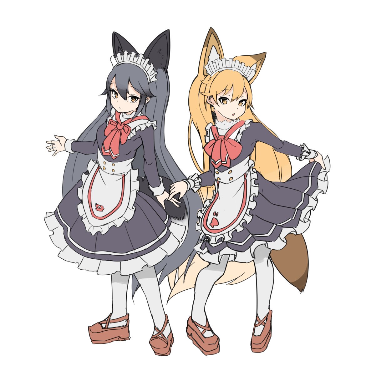 2girls alternate_costume animal_ears apron black_dress bow bowtie brown_hair dress enmaided extra_ears eyebrows_visible_through_hair ezo_red_fox_(kemono_friends) fox_ears fox_girl fox_tail frilled_dress frills full_body grey_hair holding_dress kemono_friends kemono_friends_3 long_hair long_sleeves maid maid_apron maid_dress maid_headdress mirinsoup multicolored_hair multiple_girls orange_hair pantyhose red_neckwear sidelocks silver_fox_(kemono_friends) silver_hair sleeve_cuffs tail white_apron white_frills white_legwear