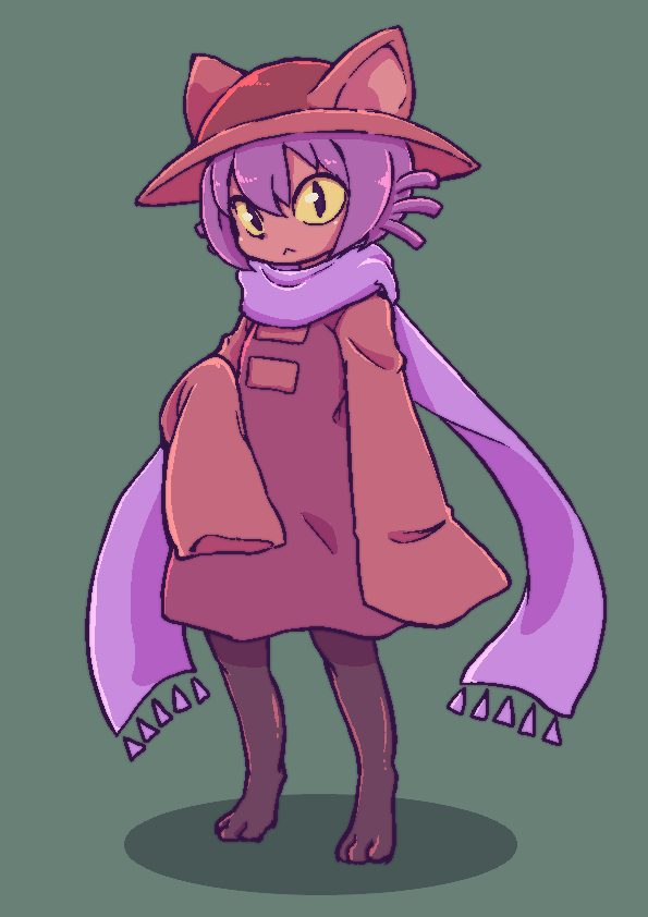 1other :&lt; aliasing animal_ears bangs barefoot black_eyes cat_ears closed_mouth commentary_request dress full_body furry green_background hand_up hat long_sleeves looking_at_viewer nazonazo_(nazonazot) niko_(oneshot) no_humans nyanbinary oneshot_(game) paws purple_hair purple_scarf red_dress red_headwear red_shirt scarf shiny shiny_hair shirt short_hair simple_background sleeveless sleeveless_dress sleeves_past_fingers sleeves_past_wrists solo standing yellow_sclera