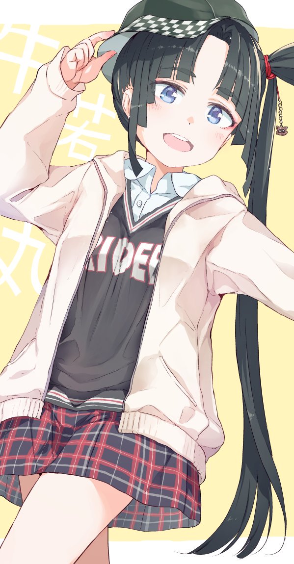1girl :d arm_up bangs baseball_cap beige_background black_hair black_skirt blue_eyes blush brown_jacket checkered collared_shirt commentary_request dress_shirt eyebrows_visible_through_hair fate/grand_order fate_(series) gomennasai green_headwear hand_on_headwear hat jacket long_sleeves looking_at_viewer open_clothes open_jacket open_mouth parted_bangs round_teeth shirt side_ponytail sideways_hat skirt smile solo sweater_vest teeth thick_eyebrows two-tone_background upper_teeth ushiwakamaru_(fate/grand_order) white_background white_shirt