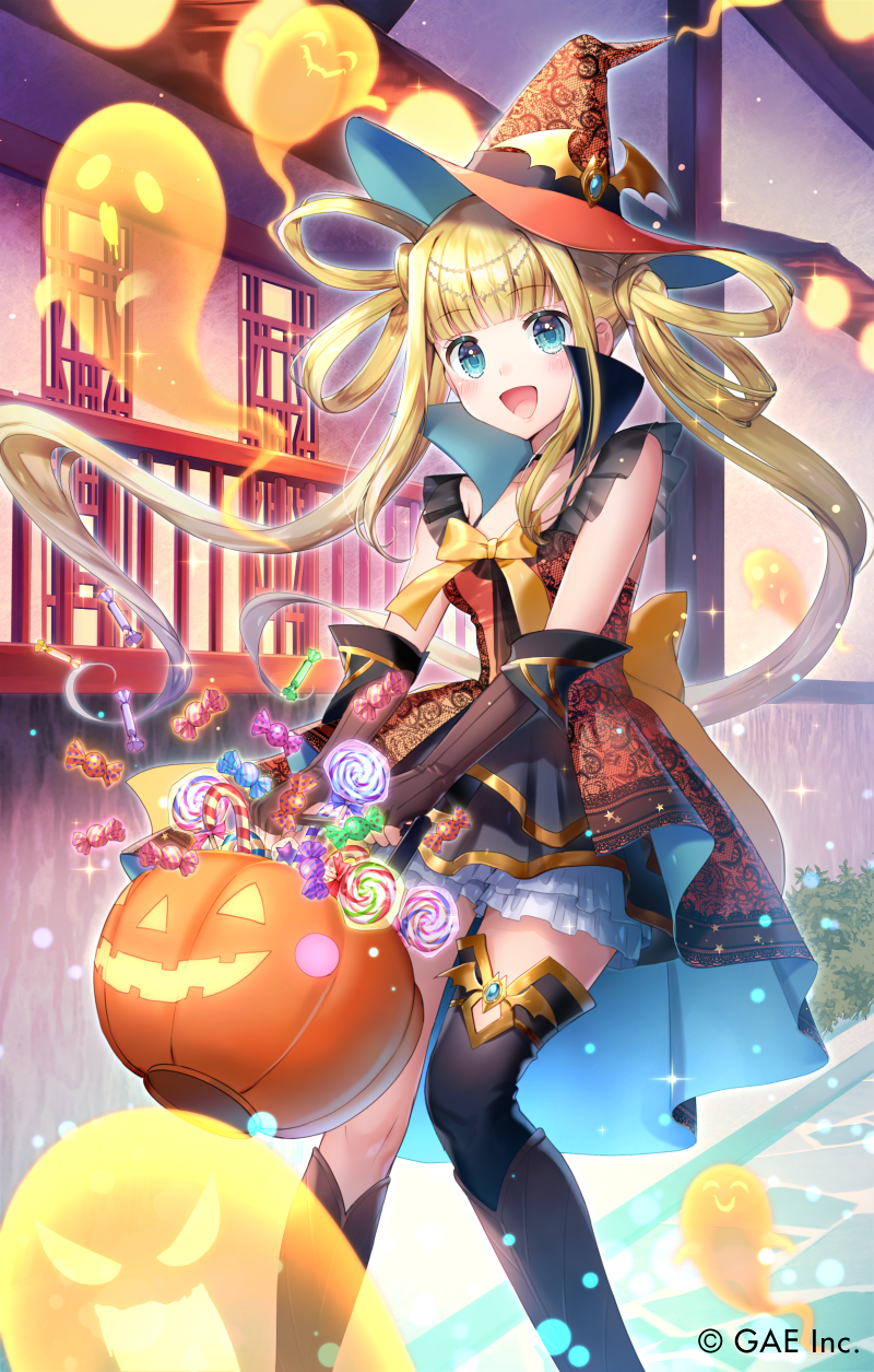 1girl :d bangs bare_shoulders blonde_hair blue_eyes blunt_bangs blush bow brown_gloves building candy candy_cane candy_wrapper commentary_request copyright_request dress elbow_gloves eyebrows_visible_through_hair food ghost gloves hair_rings halloween halloween_basket hat highres holding lollipop long_hair momoshiki_tsubaki official_art open_mouth orange_dress orange_headwear outdoors railing sleeveless sleeveless_dress smile solo swirl_lollipop twintails very_long_hair water watermark window witch_hat yellow_bow